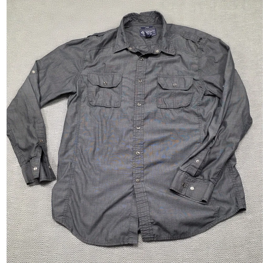 American Rag Mens Large Charcoal Grey Utility Button Down‎ Shirt Epaulettes L